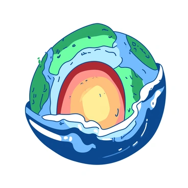 An illustration of the Earth transformed into an onion, revealing its layers as they are peeled away one by one. The outermost layer, representing the Earth's crust, is a vibrant green, while the next layer, resembling the mantle, is a deep blue. Each successive layer is clearly defined, showcasing textures and details that resemble the geological strata of the Earth. The core is visible at the center, depicted in a glowing orange color. The layers are arranged in a way that illustrates the concept of peeling, with some layers partially detached, creating a sense of depth and dimension in the image.