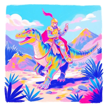 A knight riding a T-Rex while holding a smartphone to take selfies.