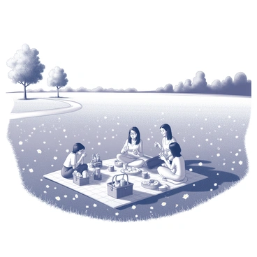 A vast meadow with a carpet of wildflowers, showcasing a variety of shapes and sizes. The wildflowers are interspersed across the ground, creating a vibrant landscape. In the foreground, a group of picnickers is gathered on a checked blanket, sharing food and drinks. There are picnic baskets filled with various items, and some individuals are sitting while others are standing, enjoying the sunny day. Trees are lining the edges of the meadow, providing gentle shade. In the distance, the silhouette of a park path can be seen, inviting visitors to explore further.