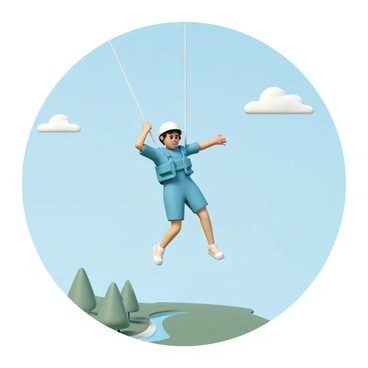 A bungee jumper, wearing a bright blue parachute harness and a white helmet, is captured in mid-air during a thrilling downward plunge. The jumper's arms are extended out to the sides for balance, and their legs are slightly bent as they descend towards the ground. The background features a clear blue sky with a few fluffy white clouds, while the distant landscape below includes green trees and a winding river. The vibrant colors of the jumper's gear contrast with the natural scenery.