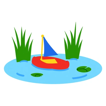 A colorful toy raft with a bright red hull and a blue sail is gently floating on a clear pond. The raft is positioned towards the center of the pond, surrounded by lush green reeds that bend slightly towards it. The reeds are tall and thin, creating a vibrant contrast against the water's surface. The water is calm with small ripples around the raft, indicating its subtle movement towards the reeds. A few small lily pads are visible near the edges of the pond, adding to the scene's lively composition.