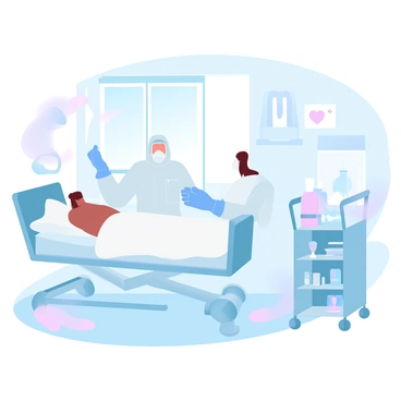 A nurse in full protective gear is attending to a patient in a hospital room. The nurse is wearing a white hazmat suit, gloves, and a face shield, working diligently at the bedside. The patient is lying on a bed with a white blanket, surrounded by medical equipment like a heart monitor and IV drip. The walls of the room are painted in soft pastel colors, creating a calm atmosphere. A large window allows natural light to filter in, illuminating the scene. Various medical supplies are organized neatly on a nearby cart, emphasizing the focus on care and safety.