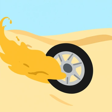 A metallic car wheel with intricate spokes kicks up a spray of fine golden sand as it rotates rapidly. The wheel is in motion, partially submerged in a wave of sand particles that scatter in all directions. The background features a vast stretch of a desert landscape, with rolling dunes under a bright blue sky. The sun casts sharp shadows, emphasizing the contours of the sand. A sense of speed is conveyed through the dynamic position of the wheel and the trailing cloud of dust and sand.