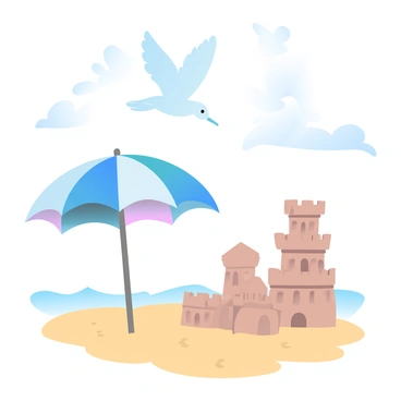 A sunny beach scene features a vibrant beach umbrella set in a patch of light golden sand. Next to the umbrella is a detailed sandcastle with built-in towers and intricate designs. Above the beach, several seagulls are gliding through the bright blue sky, creating a lively atmosphere. The background showcases gentle waves lapping at the shore, with the sun casting warm rays over the entire scene.