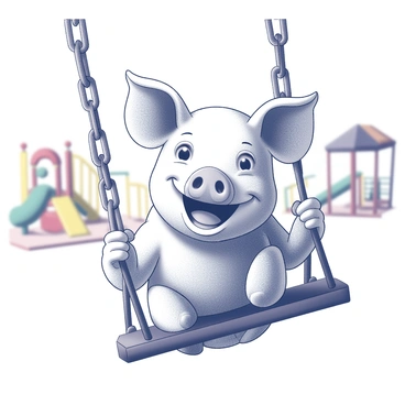 A pig face with a broad and cheerful smile is positioned in the center of a playground swing. The swing is suspended from sturdy chains, gently swaying back and forth. The pig's ears are perked up with excitement, and its snout is prominently displayed. The background features a vibrant playground scene with colorful slides and climbing structures, adding to the playful atmosphere.