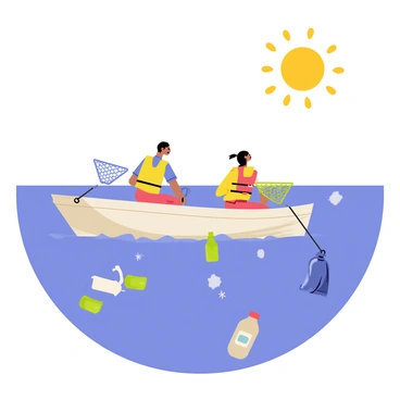 A small boat floats on a clear blue ocean under a bright sky. Two people onboard are wearing colorful life jackets and using nets to collect plastic waste from the water. Various pieces of plastic, such as bottles and bags, are visible in the ocean around the boat. The sun sparkles on the water's surface, highlighting the contrast between the vibrant colors of the ocean and the plastic debris.