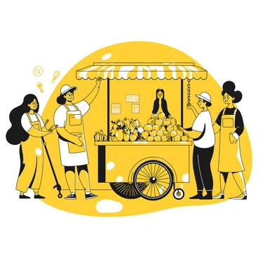 A vendor standing next to a tricycle cart filled with fresh fruit, including apples, bananas, oranges, and grapes. The cart is adorned with bright signs displaying prices. The vendor is wearing an apron and a hat, displaying a friendly smile as they serve customers. Around the vendor, people are interacting, some looking at the fruit while others are engaged in conversation. Market stalls filled with vegetables and handmade goods can be seen in the background, creating a bustling atmosphere.