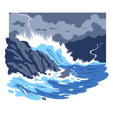 A turbulent scene featuring large waves crashing against jagged rocky cliffs. The waves are foamy and white, splashing high into the air as they hit the rugged surface of the cliffs. Dark storm clouds loom overhead, creating a dramatic atmosphere, while occasional flashes of lightning illuminate the scene. The rocky terrain is damp from the sea spray, and the ocean is a deep, restless blue, contrasting with the harsh gray of the stormy sky.