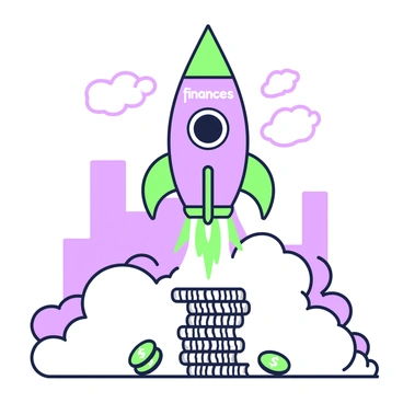 A rocket labeled "finances" is blasting off from a stack of coins, which serves as the launchpad. The rocket has a conical top and a sleek body, with flames and smoke billowing from its engines. The stack of coins is tall and detailed, displaying various denominations. Surrounding the rocket, there are small clouds of smoke rising into the air. In the background, there is a faint outline of a city skyline, suggesting the location of the launch.