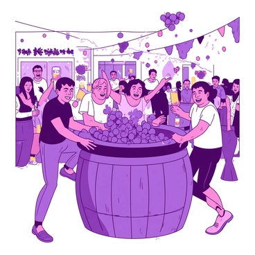 A group of cheerful people is stomping grapes in a large wooden vat during a vibrant festival. The vat is filled with plump, juicy grapes, and splashes of purple juice are flying in all directions as the participants joyfully stomp. Each person is wearing casual, colorful festival attire, and their faces are lit up with laughter and excitement. In the background, there are festive decorations, and crowds of onlookers are enjoying the scene. A few people are holding glasses of grape juice, celebrating the fun atmosphere.