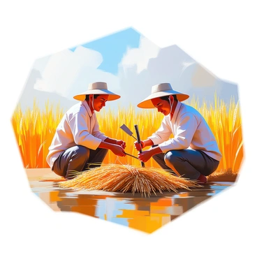 Farmers in traditional clothing are harvesting ripe rice plants with sickles in expansive golden fields. The rice plants are tall and heavy with grain, swaying gently in the breeze. One farmer is kneeling down, skillfully using a sickle to cut stalks of rice, while another farmer stands nearby, gathering the cut plants into a bundle. The sun casts warm light over the scene, illuminating the vibrant colors of the fields and reflecting off the farmers' focused expressions as they work diligently. In the background, a clear blue sky stretches across the horizon, enhancing the idyllic rural setting.