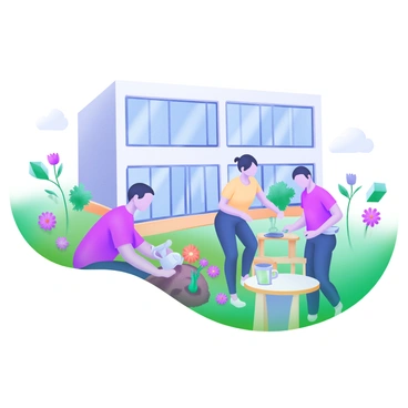 A modern pastel illustration depicting a group of colleagues working on a small garden project outside an office building. There are three individuals: one is kneeling down planting flowers in a patch of soil, another is holding a watering can, and the third is arranging garden tools on a nearby table. The office building in the background has large glass windows and a simple, modern design. Various colorful flowers and green plants are scattered throughout the garden space, creating a vibrant and lively atmosphere.