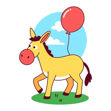 A yellow donkey is holding a red balloon in its mouth, looking playful. The balloon is round and bright, contrasting with the donkey's soft fur. The donkey stands on a grassy field, with its ears perked up and tail swishing, displaying a lively demeanor. The background features a few fluffy white clouds scattered across a blue sky, enhancing the playful atmosphere.