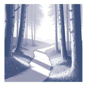 A winding path meanders through a dense forest, surrounded by tall trees with intricate bark textures. The path is slightly overgrown with grass and small wildflowers, hinting at the passage of time. Sunlight filters through the leaves, casting dappled shadows on the ground. In the distance, a bright clearing is visible, framed by the silhouettes of the trees. The clearing is filled with an expansive view of open space, inviting curiosity about what lies ahead.