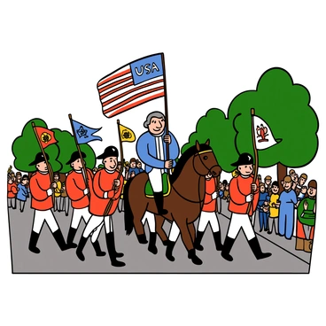 George Washington, a light-skinned man with gray hair and wearing a blue military uniform, is leading a parade. He is on horseback, holding a flag with "USA" written on it. Surrounding him are soldiers in red coats, each carrying various Revolutionary War banners. The soldiers have determined expressions and are marching in formation. The background includes a crowd of onlookers, some waving small flags, and trees lining the street. The atmosphere is festive and filled with a sense of pride and historical significance.