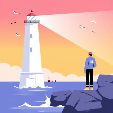 A lighthouse keeper wearing a blue jacket and a red cap stands at the top of a tall white lighthouse. The lighthouse features a circular shape with a large glass lantern at the top. The keeper gazes out to sea, with waves crashing against rocky cliffs below. A bright beam of light radiates from the lantern, illuminating the dark sky. Seagulls fly in the distance, and a small fishing boat can be seen on the horizon. The scene is set during sunset, with warm orange and purple hues filling the sky.