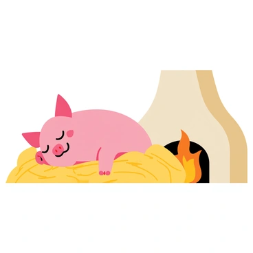 A pink piglet with soft fur is sleeping peacefully on a cozy pile of golden straw. The straw bed is nestled close to a small hearth. A gentle orange flame flickers in the fireplace, casting a warm glow around the scene. Soft shadows play on the walls, enhancing the tranquil atmosphere. The piglet has a content expression, with its eyes closed and a slight smile, embodying a sense of comfort and safety.
