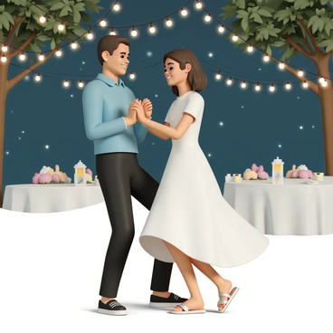 A man, wearing a blue dress shirt, black trousers, and polished shoes, is dancing closely with a woman, who is wearing a flowing white dress and silver sandals. They are holding each other’s hands, smiling as they sway together. Surrounding them are strings of "fairy lights" hanging from trees, illuminating the scene with a warm glow. In the background, "stars" twinkle in the night sky, and elegantly arranged tables with soft white tablecloths are visible, adorned with small lanterns and floral centerpieces.