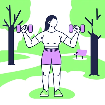 A person is exercising outdoors in a park, performing dumbbell bicep curls. They are standing on a grassy area, surrounded by tall trees with green leaves. The individual is wearing a fitted t-shirt and athletic shorts. In their hands, they hold a dumbbell in each arm, with their elbows bent at a right angle. The sunlight filters through the tree branches, casting soft shadows on the ground. In the background, a walking path is visible, along with a bench and more greenery.