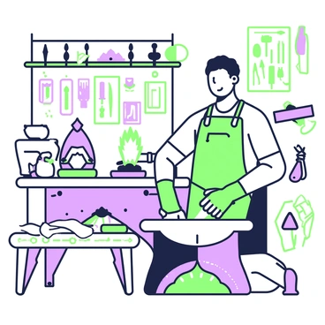 A blacksmith is working diligently in a rustic workshop, surrounded by tools and materials. He is wearing a leather apron and gloves, with sweat glistening on his brow as he hammers a piece of glowing metal on an anvil. In the background, shelves hold various weapons, including swords and axes, each carefully crafted and displayed. A small forge emits bright sparks as the blacksmith feeds it with coal. The atmosphere is filled with the sounds of clanging metal and the warmth of the forge. A wooden table nearby is cluttered with blueprints and sketches of weapons intended for revolutionaries.