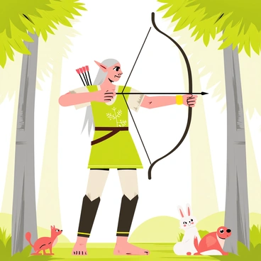 An elven archer with pointed ears and long, flowing silver hair is aiming a bow. The archer wears a green tunic adorned with intricate leaf patterns and has a quiver filled with arrows at their back. The setting features tall, slender trees with vibrant green leaves, filtering sunlight that creates dappled patterns on the forest floor. Soft beams of light illuminate the archer, highlighting their focused expression and the tension in their stance. Small woodland creatures, like a curious squirrel and a white rabbit, are visible in the background, adding life to the scene.