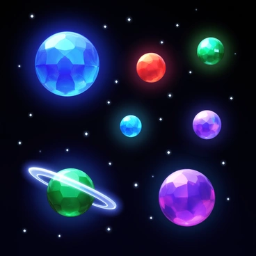 A scene depicting outer space with multiple planets, each resembling large, cut gemstones. The planets feature brilliant colors, showcasing facets and reflections that mimic the appearance of sapphires, rubies, and emeralds. The background is filled with a deep black void sprinkled with distant stars twinkling like diamonds. Some planets are surrounded by shimmering rings, enhancing their gem-like quality. Each planet varies in size and shape, creating a diverse and captivating composition.