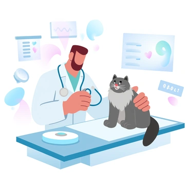 A veterinarian in a white coat is carefully examining a fluffy cat on an examination table in a pet clinic. The vet is using a stethoscope to check the cat's heartbeat, while the cat is sitting comfortably, its fur fluffed up and soft. Surrounding them are various veterinary tools and equipment, including a scale and medical charts on the walls. A colorful poster about pet care is visible in the background.
