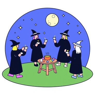 A group of witches standing in a circle on a grassy ground. Each witch is wearing a long black robe and a pointed hat. The witches are holding candles that emit a soft glow. In the center of the circle, there is a small wooden altar adorned with various herbs, crystals, and a cauldron. Above them, the night sky is filled with shining stars, creating a magical atmosphere. The moon is partially visible, casting a gentle light over the scene.