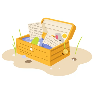 A small, wooden box with intricate carvings on its surface is partially unearthed in sandy soil. The box is slightly open, revealing a jumble of colorful trinkets, including a brass key, a faded photograph, and several handwritten notes. The notes are curled and yellowing, some with elegant handwriting, while a small, silver locket hangs from the edge of the box. Surrounding the box are scattered pebbles and tufts of grass, indicating it was hidden for a long time before being uncovered.