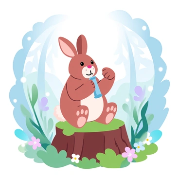 A hare with soft fur is sitting on a moss-covered tree stump in a lush forest. The hare is playing a harmonica, and its paws are positioned delicately on the instrument. Surrounding the hare, vibrant green foliage fills the scene, with dappled sunlight filtering through the trees above. Wildflowers in various colors are scattered on the forest floor, adding to the lively atmosphere. In the background, tall trees stretch upwards towards the sky, creating a sense of depth in the serene woodland setting.