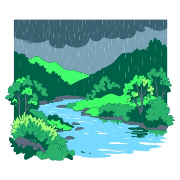 A vibrant green Konkan landscape is depicted under heavy rain. The sky is filled with dark clouds, and the rain is falling in thick sheets over the lush foliage. In the foreground, a small river flows gently, reflecting the colors of the surrounding greenery. The riverbanks are dotted with vibrant plants and trees, their leaves glistening with raindrops. The atmosphere is dynamic, showcasing the beauty of nature in a rain-soaked environment.