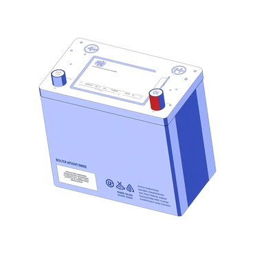 A detailed 3D model of a car battery is placed prominently in the center of the image. The battery has a rectangular shape with rounded edges and a textured surface. At the top of the battery, there are two terminals: one labeled "positive" and the other labeled "negative", each clearly marked with their respective symbols. The positive terminal is slightly larger and has a red cover. Both terminals have visible connections leading down to the interior of the battery. The sides of the battery are adorned with various labels, including voltage specifications, safety warnings, and manufacturing information, all presented in clear fonts. The overall structure of the battery conveys a sense of solidity and reliability.