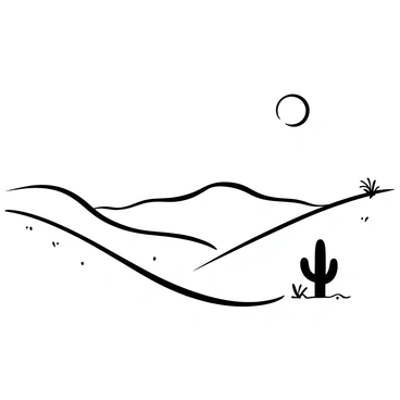 A series of smooth, rolling desert dunes with gentle curves and varying heights, creating a wave-like pattern. The foreground features the largest dune, while smaller dunes recede into the background. The scene includes scattered, minimalist details such as a few cacti and sparse vegetation dotting the landscape. Short shadows extend across the dunes, indicating the warmth of the sun's light illuminating the scene.