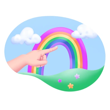 A child's finger is extended, pointing towards a vibrant rainbow arching across a bright sky. The child's hand is small and youthful, with a hint of dirt on the fingertips, suggesting playful exploration. The rainbow consists of several bold colors, creating a striking contrast against the blue of the sky. Fluffy white clouds float gently around the arch of the rainbow, adding depth to the scene. The ground below is a grassy field, dotted with colorful flowers, complementing the beauty of the rainbow above.