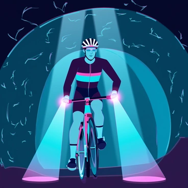 A cyclist with a helmet and bright cycling gear is riding through a dark tunnel. The bicycle has powerful front and rear lights that create a vivid tunnel of illumination, highlighting the rough, textured walls of the tunnel. The lights cast dramatic shadows and reflections, revealing the dampness of the tunnel's surface. The cyclist is focused, with an expression of determination, as the light beams create a contrast between the dark surroundings and the path ahead.