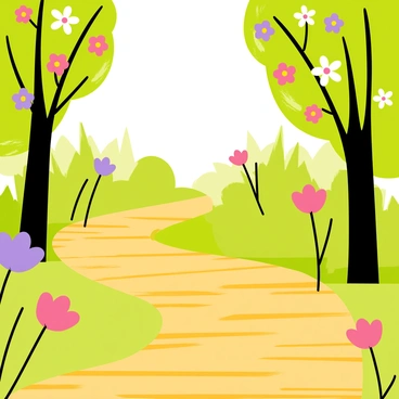 A "yellow brick road" winding through a landscape. The road is bordered by "tall green trees" adorned with "colorful spring flowers" in full bloom. The flowers display vibrant shades of "pink," "purple," and "white," creating a lively atmosphere. Sunlight filters through the leaves, casting playful shadows on the ground. The scene conveys a sense of freshness and renewal, typical of a spring day.