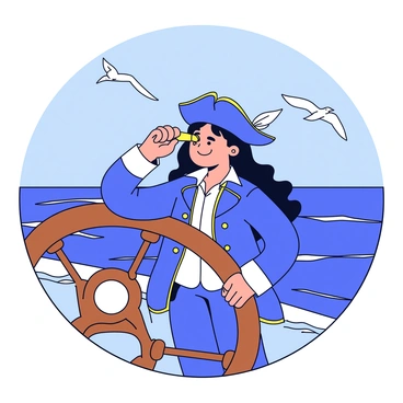 A female pirate captain with long, wavy black hair stands confidently at the helm of a ship. She is wearing a detailed pirate outfit that includes a fitted jacket with gold trim and a wide-brimmed hat adorned with a feather. In her hand, she holds a brass spyglass to her eye, scanning the horizon. The ship’s wooden wheel is visible behind her, and the ocean waves gently crash against the sides of the vessel. A few seagulls fly overhead in the clear sky.