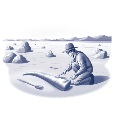 A paleontologist kneels in an expansive desert dig site. The individual wears a wide-brimmed hat and protective clothing. They are carefully brushing away sand from a large fossilized dinosaur bone partially embedded in the ground. Surrounding the paleontologist are additional exposed bones scattered across the arid landscape. Rocky formations and a clear sky stretch out in the background, while distant hills provide depth to the scene. Various excavation tools, such as a trowel and a small shovel, lie nearby, indicating ongoing work.