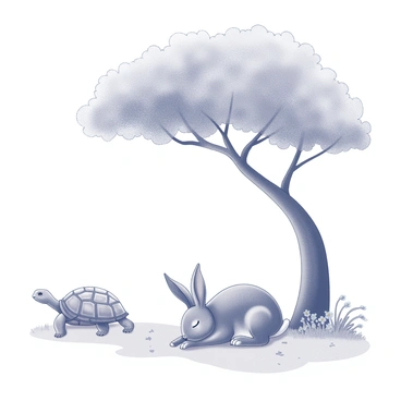 A hare is resting comfortably on the ground beneath a large, leafy tree. The tree's branches extend overhead, providing ample shade. The hare has its eyes closed, with its long ears relaxed against its back. Nearby, a tortoise ambles past at a slow but steady pace. The tortoise has a textured shell with distinct patterns and appears focused on its path. The area surrounding them features grass and a few scattered wildflowers, creating a peaceful outdoor setting.
