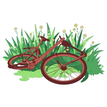 A rusted bicycle is lying on its side in tall green grass. The frame of the bicycle is covered in patches of orange rust, with the wheels slightly bent and the tires barely intact. The grass surrounding the bicycle is lush and wild, with blades leaning in various directions and small wildflowers scattered throughout. Sunlight filters through overhead leaves, casting dappled shadows on the bicycle and the ground, creating an interplay of light and shadow across the scene.