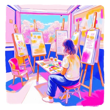 An "artist in residence" space is set up at the fair featuring tall wooden easels, each holding sheets of paper with sketches. The walls are adorned with various sketches pinned up, showcasing a range of subjects from landscapes to abstract designs. A cozy chair is placed in one corner, providing a place for reflection. In the center, a large table is cluttered with colored pencils and erasers. Nearby, a bulletin board is filled with notes and inspirational quotes from visitors. The atmosphere is lively, with fair-goers admiring the artwork and engaging with the artist.