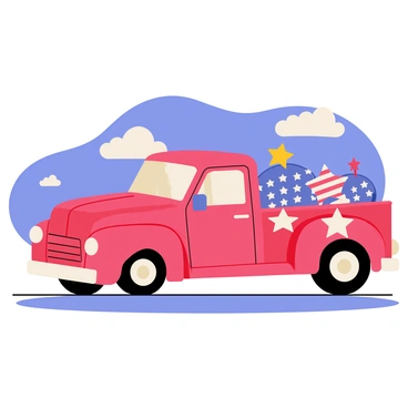 A vintage pickup truck decorated with American flags for a festive event