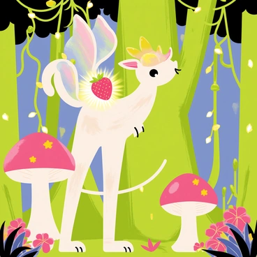 A mythical creature with iridescent scales and large, whimsical wings stands in a lush enchanted forest. The creature has a long, elegant tail that curls around a vibrant green tree trunk. It holds a glowing strawberry in its delicate, clawed hands, radiating a soft, magical light. Surrounding the creature are oversized mushrooms with colorful caps and sparkling fairy lights hanging from the branches of nearby trees. The forest floor is dotted with vivid wildflowers and shimmering leaves, creating a magical atmosphere.