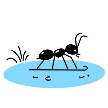 An ant with a shiny black body is gliding across a smooth, frozen pond. Its tiny legs are positioned on a small ice skate, leaving delicate tracks behind. The pond is surrounded by a few frosty blades of grass peeking through the snow. The sky is clear, reflecting a soft light on the icy surface, emphasizing the ant's graceful movement as it balances on the skates.