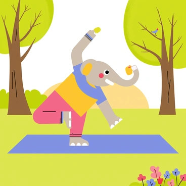 Babar, an elephant wearing a colorful yoga outfit, is practicing yoga on a blue mat. The mat is set on a green grassy area in a park. It is sunrise, casting a warm golden light across the scene. Trees with lush green leaves surround Babar, and a few birds are perched on branches nearby, adding a lively element to the peaceful setting. A small patch of colorful flowers is in the foreground, and the sky is painted in soft hues of pink and orange.