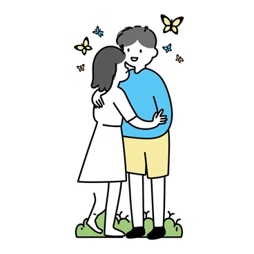A couple standing in a park, embracing each other in a close "butterfly hug." The man has short brown hair and is wearing a light blue shirt and beige shorts. The woman has long black hair and is dressed in a flowing white dress. Colorful butterflies in various shades of blue, yellow, and orange are fluttering around them, adding a vibrant touch to the scene. Green grass and a few trees can be seen in the background, providing a natural setting.