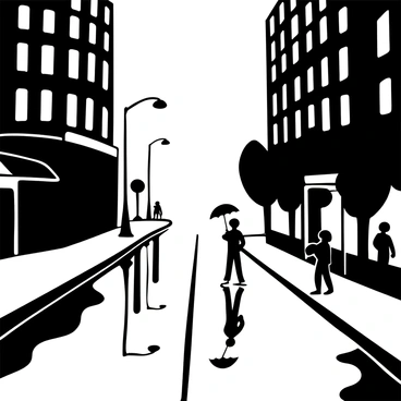 A city street scene with tall buildings on either side, their windows revealing silhouettes of people inside. Rain falls in straight lines, creating a misty atmosphere. The wet pavement reflects the shapes and outlines of the buildings, along with the silhouettes of pedestrians carrying umbrellas. Puddles form on the ground, capturing the surrounding environment. Streetlamps cast light onto the pavement, enhancing the reflections. Some trees line the street, their leaves glistening with raindrops.