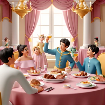 A grand banquet is taking place inside a magnificent castle. The room is adorned with elaborate golden chandeliers, draped silk banners, and tables covered in rich, red tablecloths. Large, ornate plates filled with a variety of foods, such as roasted meats, fruits, and sweets, are placed at each table. 

At the center of the scene, a group of characters, dressed in vibrant, colorful attire, are engaged in lively conversations and laughter. A regal-looking prince, wearing a blue and gold embellished suit, raises a goblet filled with sparkling juice. Nearby, a princess in a flowing pink gown is sharing a plate of pastries with a charming fairy, who is fluttering around joyfully. 

In the background, animated woodland creatures can be seen peeking from behind the curtains, curiously watching the festivities unfold. The atmosphere is filled with a sense of joy, celebration, and enchantment as everyone enjoys the feast together.