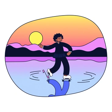 A serene sunset view of a skater practicing their routine on a peaceful lake.