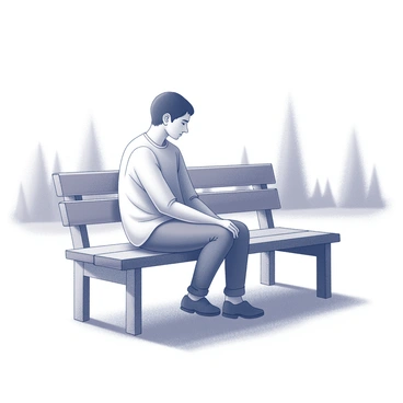 A person sitting on a wooden bench. The figure is facing forward with their body slightly turned to the side. Their hands rest on their knees, and their expression is one of deep contemplation. The background consists of a blurred landscape, hinting at trees and an open sky. The individual is dressed in simple clothing, and the posture suggests a moment of reflection. The scene captures a solitary moment in a tranquil setting.